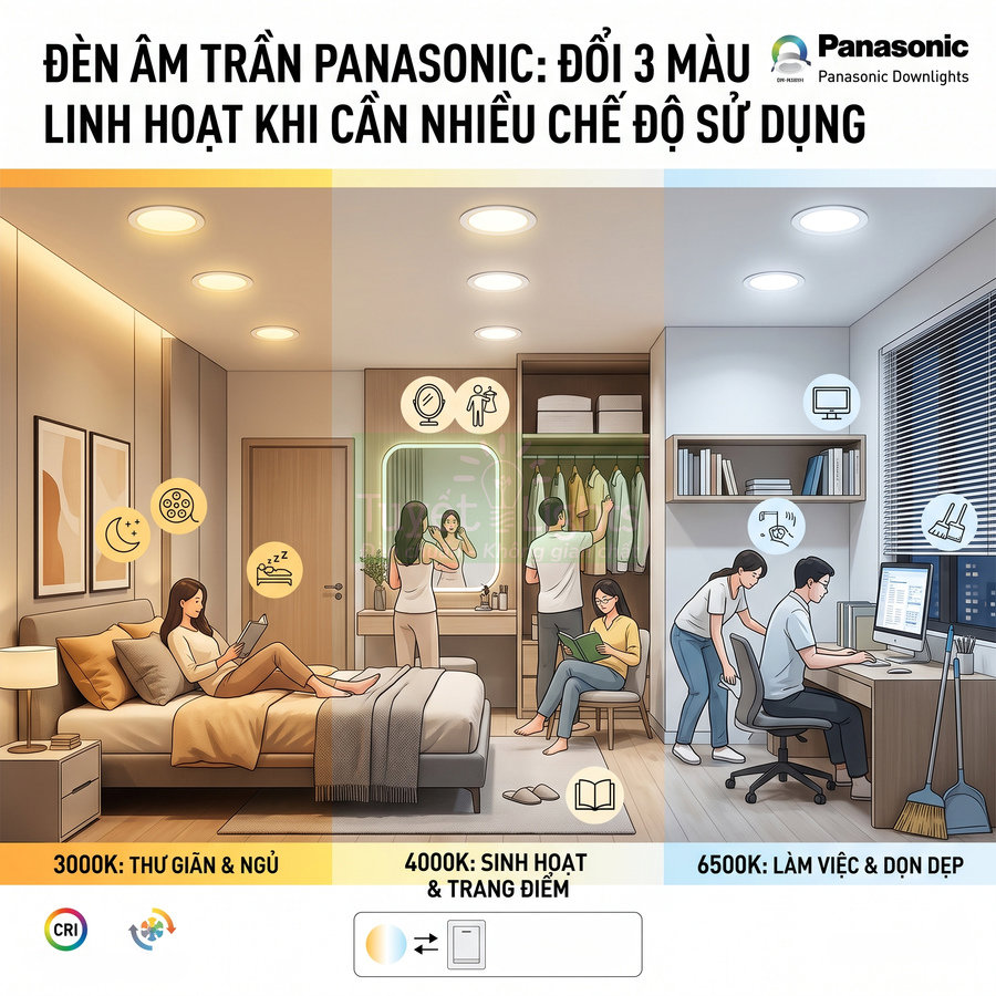 Đèn âm trần Panasonic đổi 3 màu 3000K 4000K 6500K cho phòng ngủ sinh hoạt làm việc