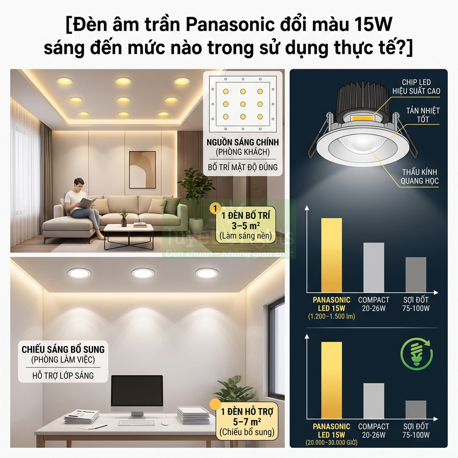 Đèn âm trần Panasonic LED 15W đổi màu chiếu sáng phòng khách và phòng làm việc hiện đại