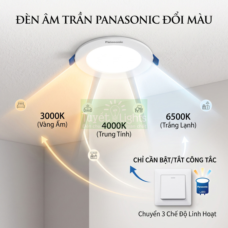 Đèn âm trần Panasonic LED đổi màu 3000K 4000K 6500K điều chỉnh qua công tắc tường