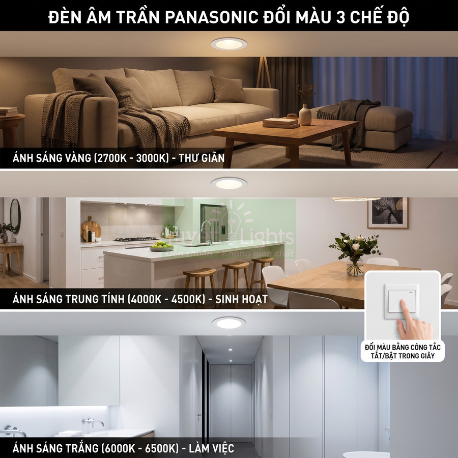 Đèn âm trần Panasonic đổi màu 3 chế độ cho phòng khách, bếp và hành lang, điều chỉnh bằng công tắc tắt bật