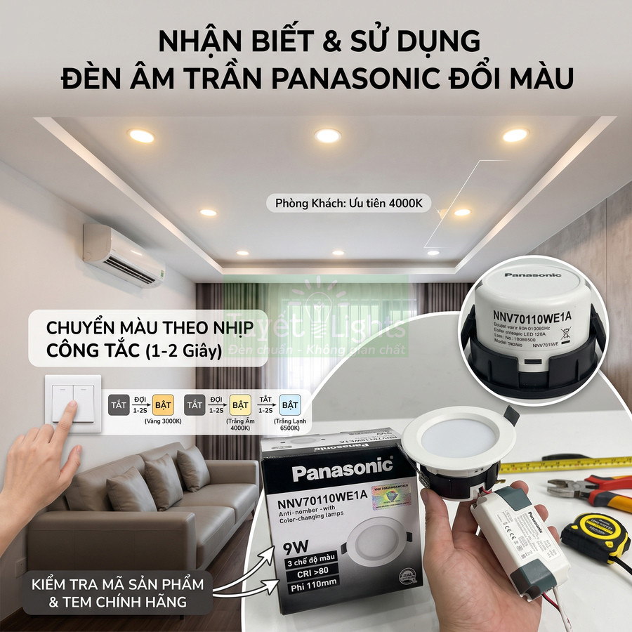 Đèn âm trần Panasonic NNV70110WE1A 9W đổi màu lắp trong phòng khách hiện đại