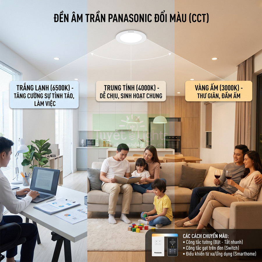 Đèn âm trần Panasonic đổi màu CCT cho phòng khách và phòng làm việc gia đình