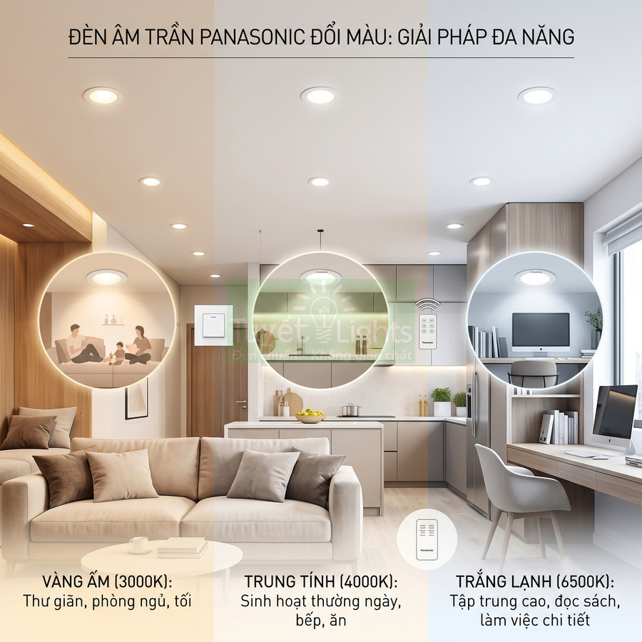 Đèn âm trần Panasonic đổi màu cho phòng khách bếp và góc làm việc với ba chế độ sáng 3000K 4000K 6500K