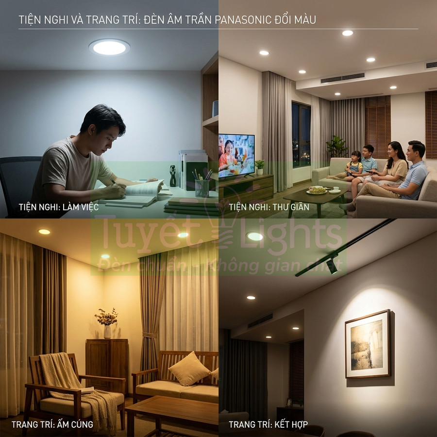Đèn âm trần Panasonic đổi màu chiếu sáng phòng làm việc, phòng khách và không gian thư giãn ấm cúng