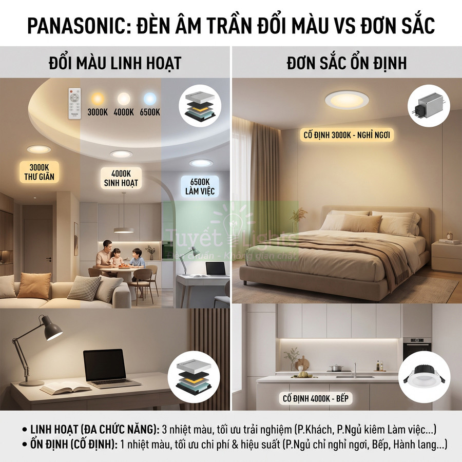 Đèn âm trần Panasonic đổi màu và đơn sắc nên chọn loại nào?