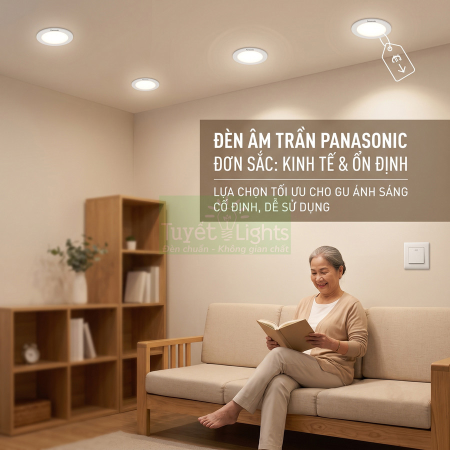 Đèn âm trần Panasonic chiếu sáng phòng khách, người phụ nữ trung niên đọc sách trên ghế sofa