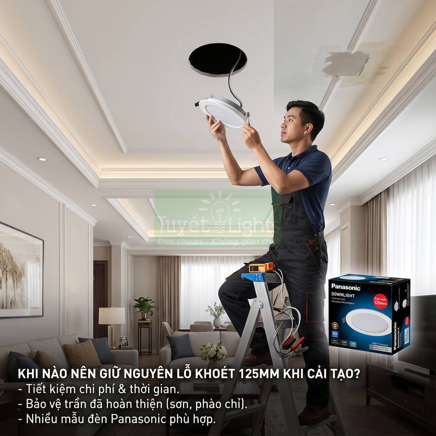Thợ điện lắp đèn downlight Panasonic tròn 125mm trên trần phòng khách hiện đại