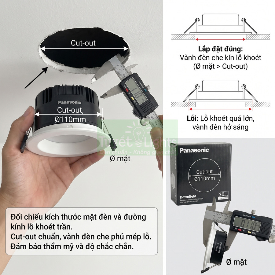 Đèn downlight âm trần Panasonic 110mm kèm hướng dẫn đo kích thước lỗ khoét và đường kính mặt đèn