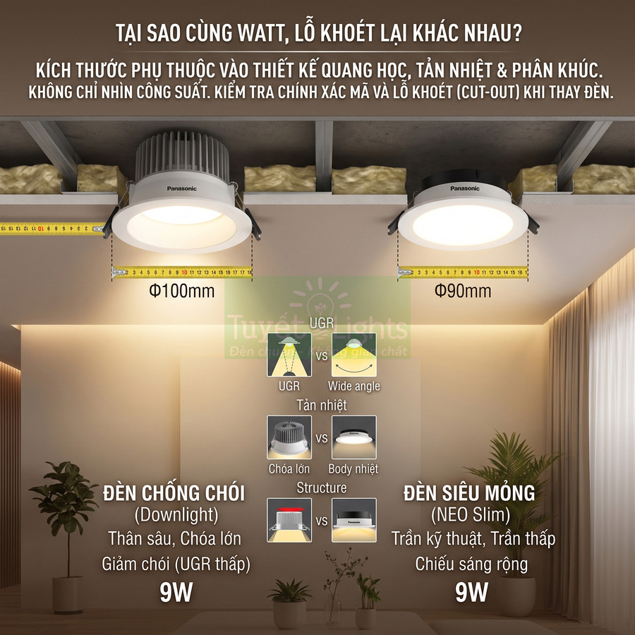 So sánh đèn downlight Panasonic chống chói 9W và đèn âm trần siêu mỏng 9W với kích thước lỗ khoét khác nhau