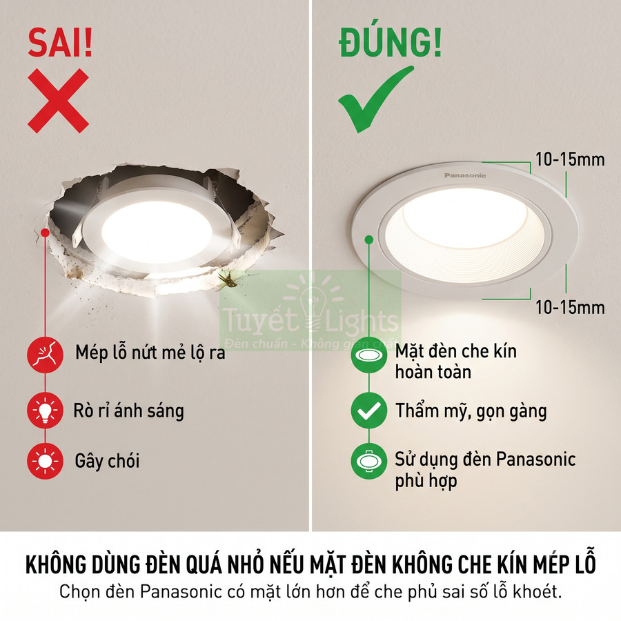 Đèn âm trần Panasonic lắp đúng kích thước che kín mép lỗ khoét, thẩm mỹ gọn gàng so với đèn quá nhỏ lộ viền