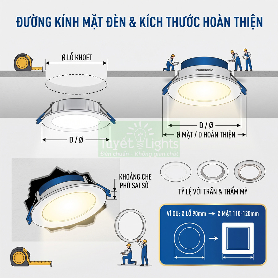 Đèn âm trần Panasonic tròn màu trắng xanh kèm hướng dẫn đo đường kính lỗ khoét và kích thước hoàn thiện