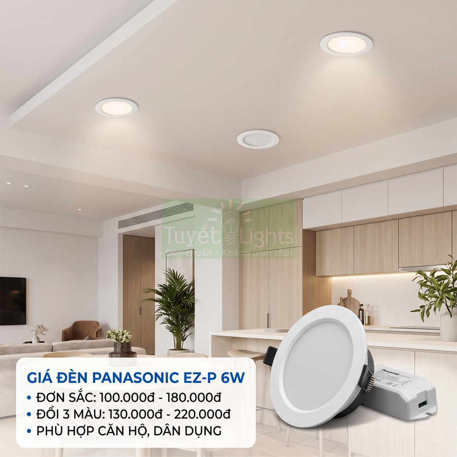 Đèn LED âm trần Panasonic EZ P 6W lắp trong phòng khách bếp căn hộ hiện đại