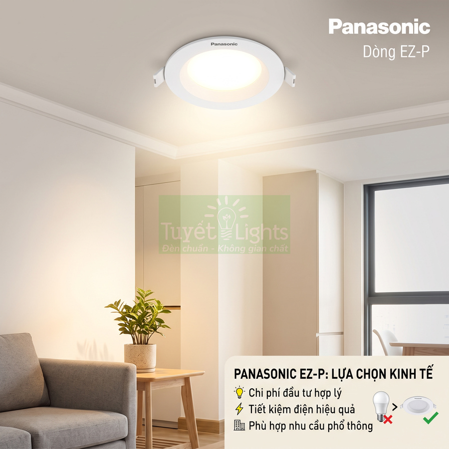 Đèn LED âm trần Panasonic EZ P chiếu sáng phòng khách hiện đại, ánh sáng vàng dịu, tiết kiệm điện