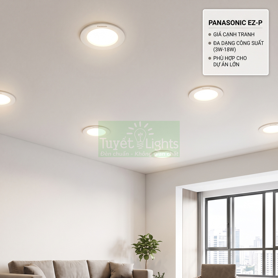 Đèn led âm trần Panasonic EZ P chiếu sáng phòng khách hiện đại với ánh sáng trắng dịu