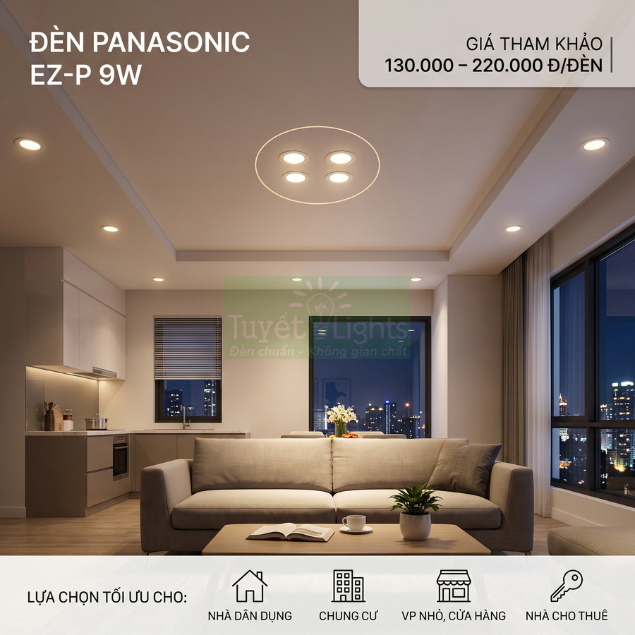 Đèn âm trần Panasonic EZ-P 9W chiếu sáng phòng khách hiện đại với sofa và bếp liền kề