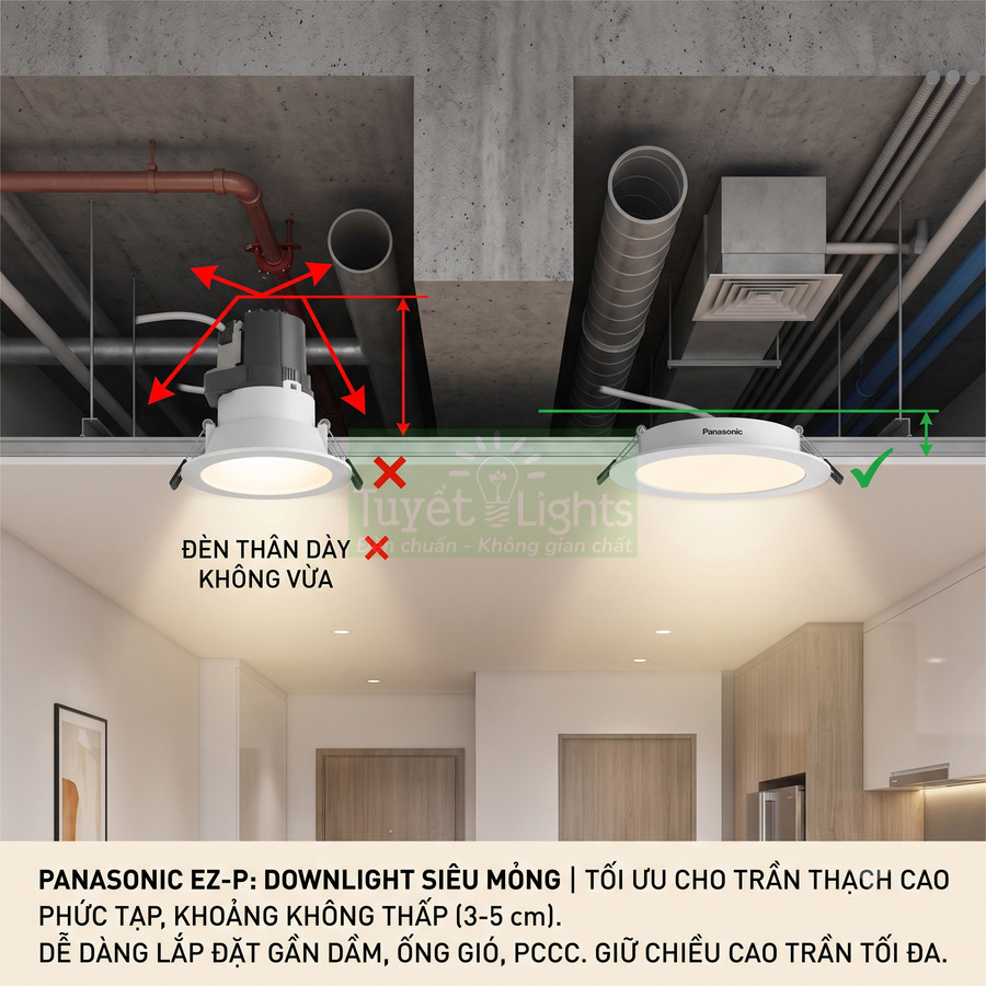 Đèn downlight siêu mỏng Panasonic EZ P lắp âm trần thạch cao trần thấp trong căn hộ hiện đại