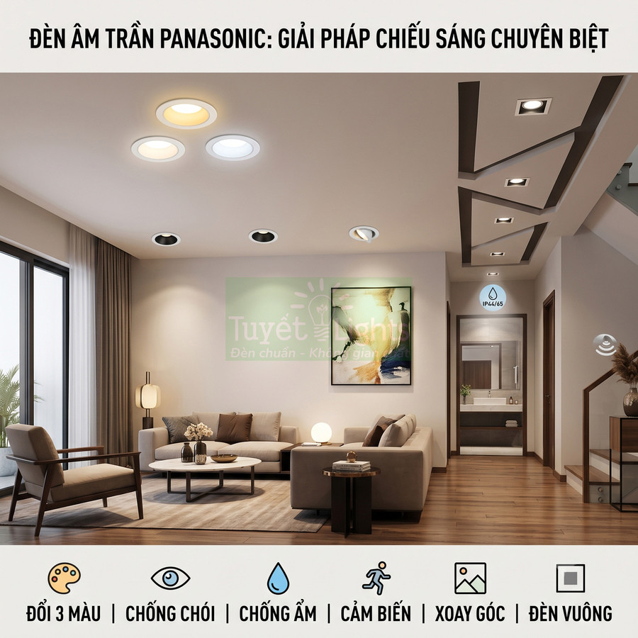 Đèn âm trần Panasonic chiếu sáng phòng khách hiện đại, đổi 3 màu, chống chói, chống ẩm, có cảm biến