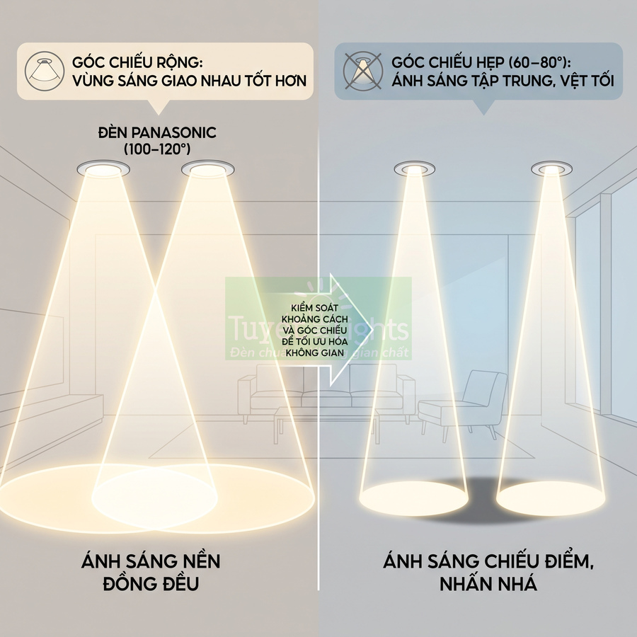 So sánh đèn âm trần Panasonic góc chiếu rộng với đèn góc chiếu hẹp tạo ánh sáng nền và chiếu điểm