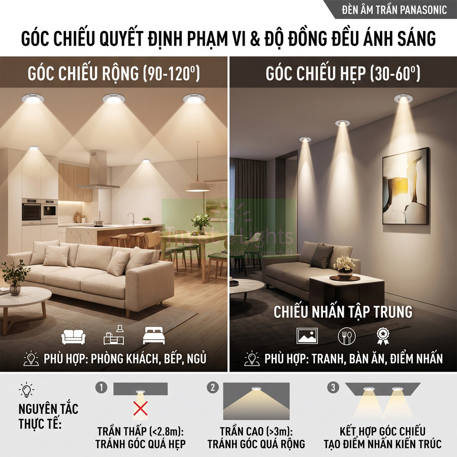 Đèn âm trần Panasonic so sánh góc chiếu rộng và hẹp trong phòng khách, bếp và khu vực trang trí