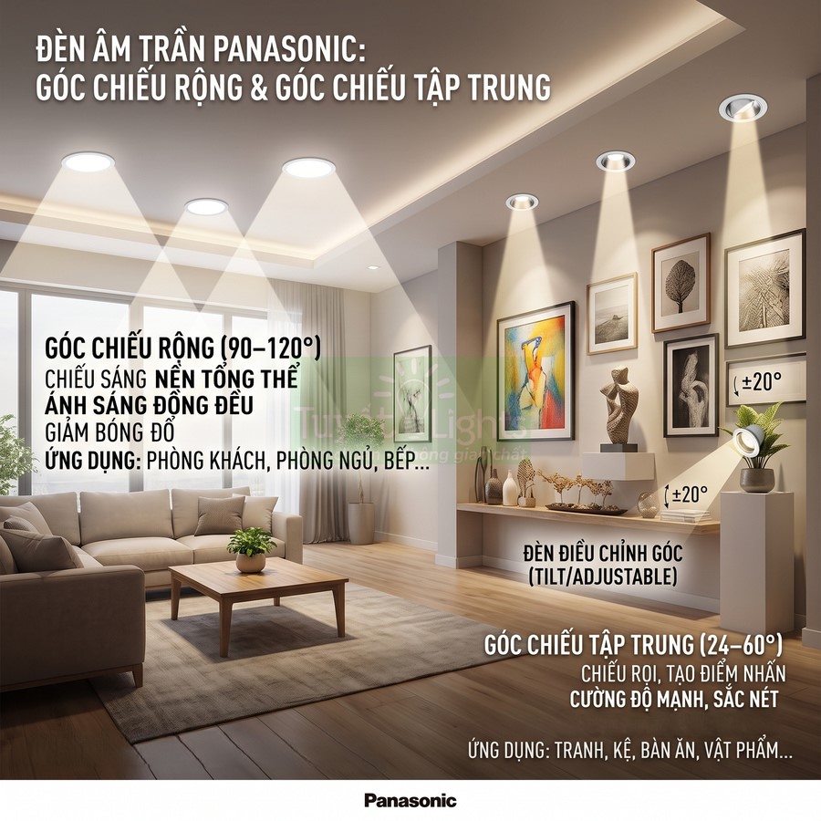 Đèn âm trần Panasonic chiếu sáng phòng khách hiện đại với góc chiếu rộng và góc chiếu tập trung