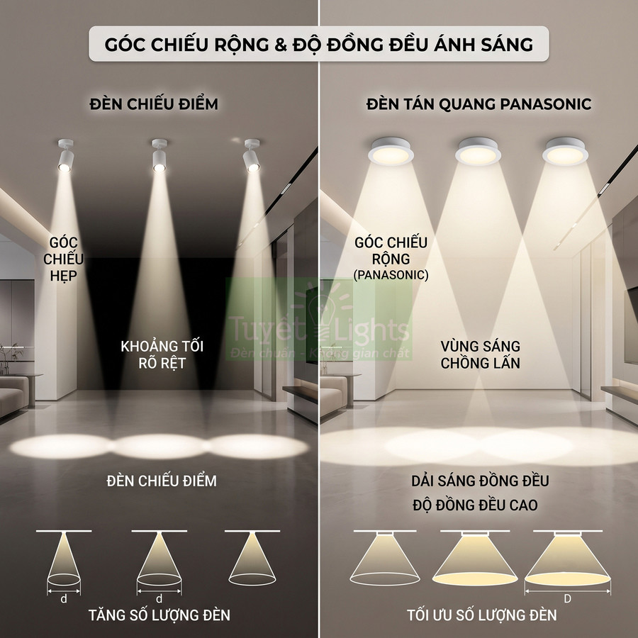 So sánh đèn chiếu điểm và đèn tán quang Panasonic về góc chiếu rộng và độ đồng đều ánh sáng trong phòng