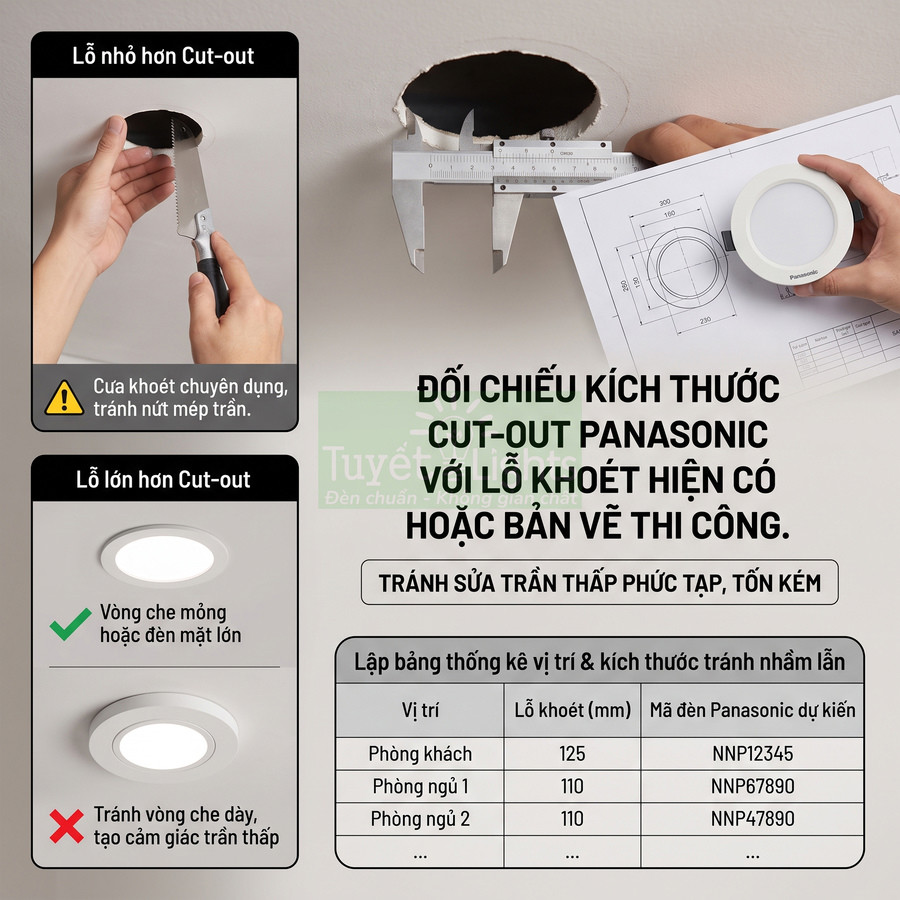 Hướng dẫn đo lỗ khoét trần và chọn kích thước đèn âm trần Panasonic phù hợp để lắp đặt chính xác