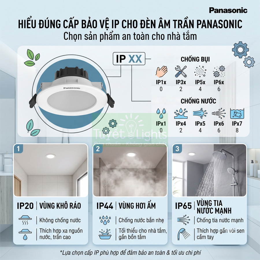 Đèn âm trần Panasonic chống nước IP65 lắp trong phòng tắm, phù hợp vùng tia nước mạnh và hơi ẩm