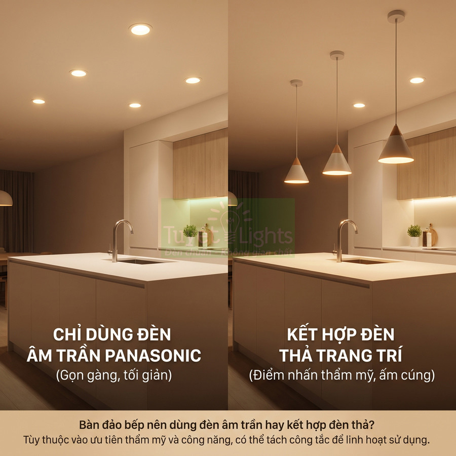 So sánh đảo bếp dùng đèn âm trần Panasonic và đảo bếp kết hợp đèn thả trang trí ấm cúng