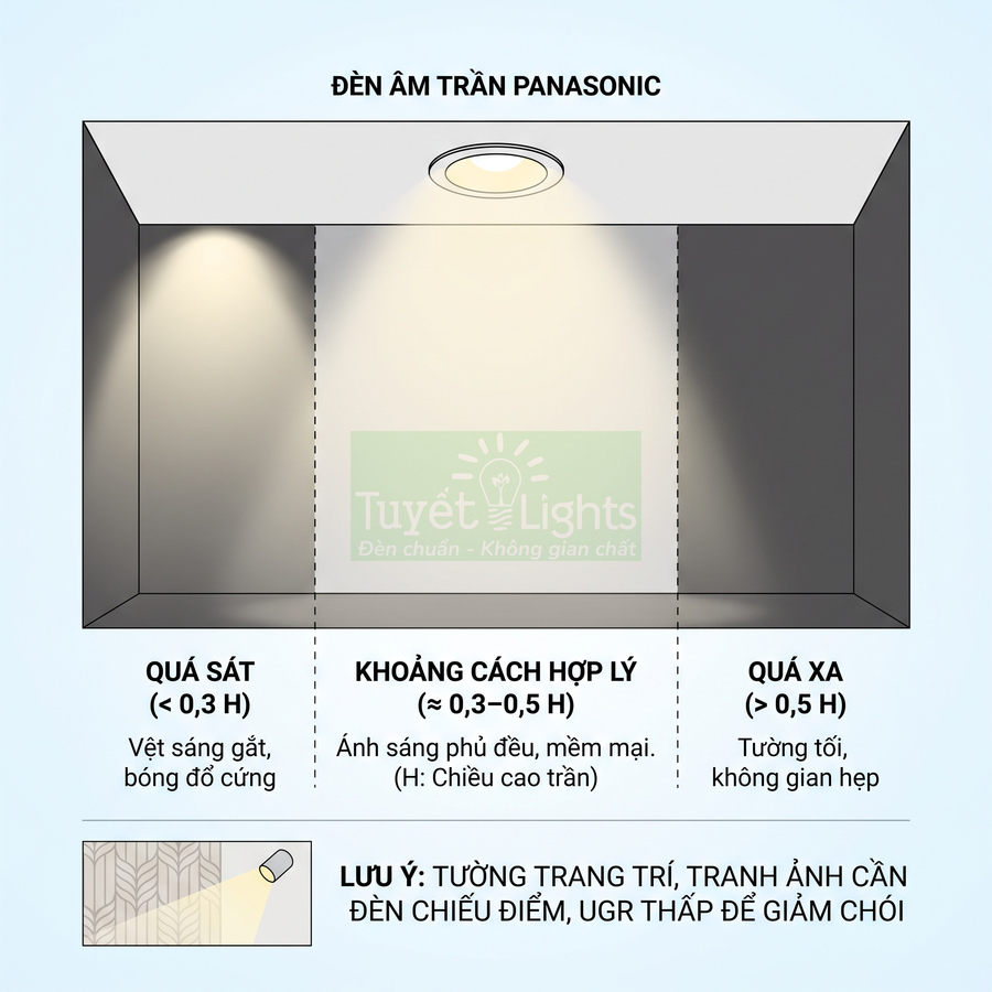 Đèn âm trần Panasonic chiếu sáng tường với minh họa khoảng cách lắp đặt hợp lý