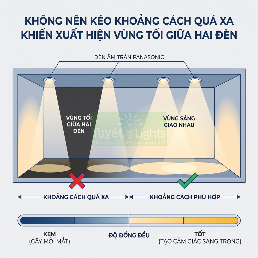 Minh họa bố trí đèn âm trần Panasonic với khoảng cách phù hợp để tránh vùng tối giữa hai đèn