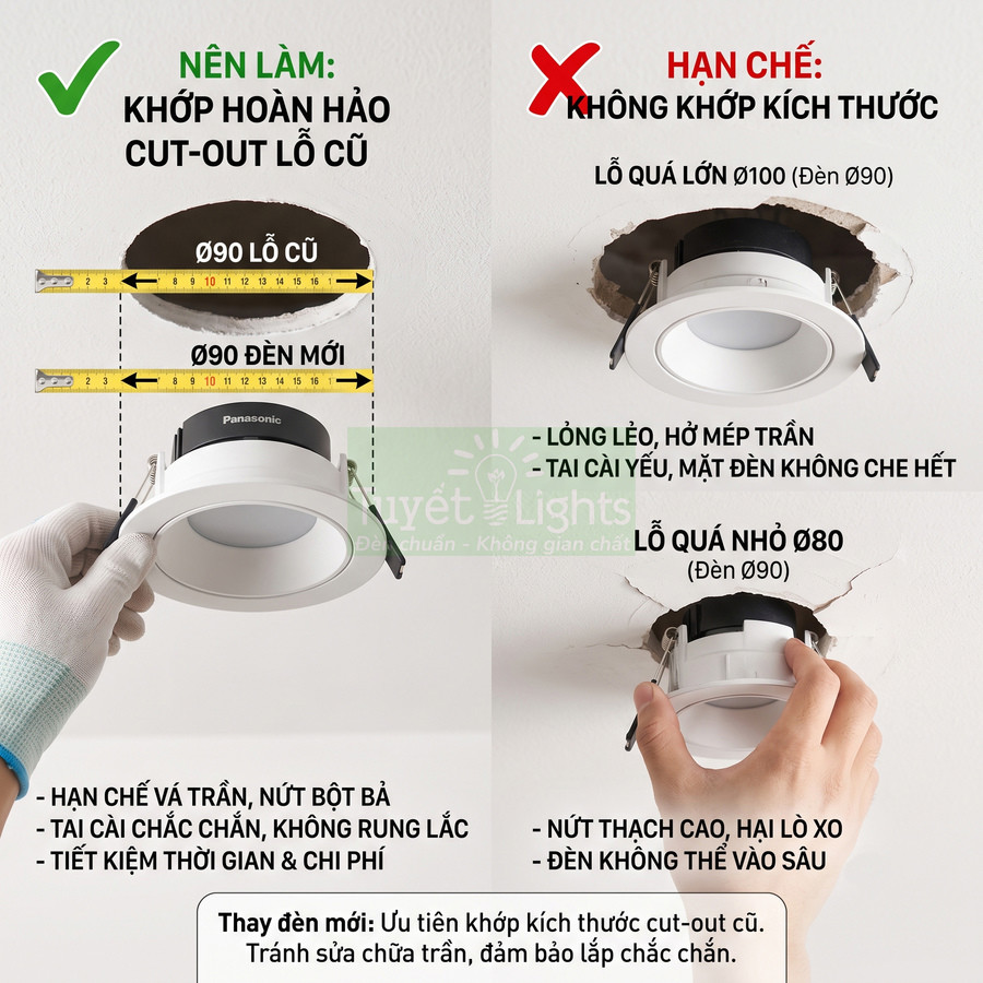 Đèn âm trần Panasonic lắp vừa lỗ trần Ø90 so sánh với các trường hợp lỗ khoét quá lớn hoặc quá nhỏ