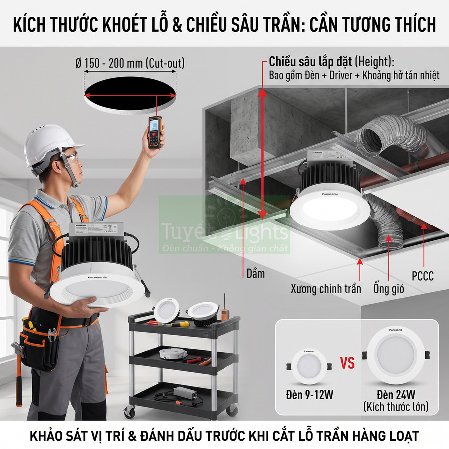 Hướng dẫn lắp đặt đèn âm trần Panasonic, đo kích thước khoét lỗ và chiều sâu trần để chọn đèn phù hợp