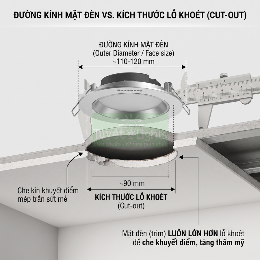 Đèn downlight âm trần Panasonic với hướng dẫn so sánh đường kính mặt đèn và kích thước lỗ khoét trần