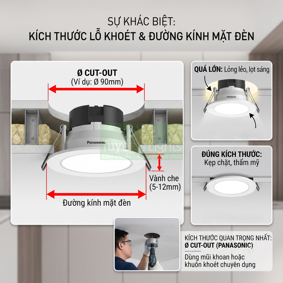 Đèn downlight âm trần Panasonic minh họa kích thước lỗ khoét và đường kính mặt đèn khi lắp đặt