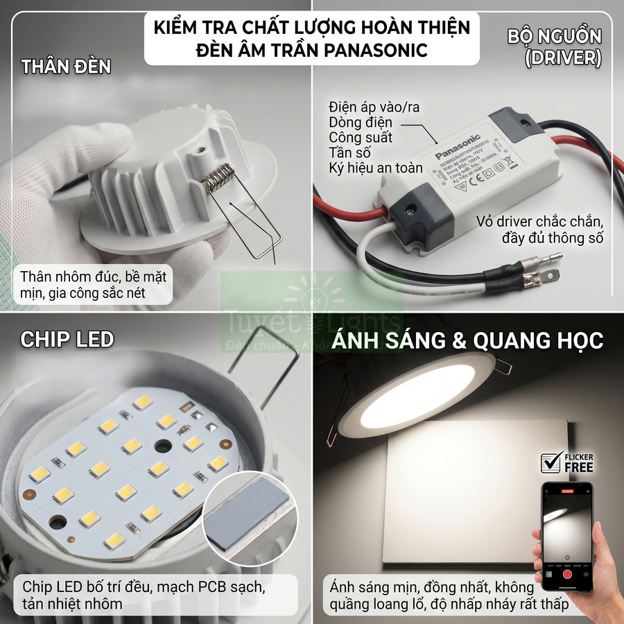 Đèn âm trần Panasonic kèm driver, chip LED và ánh sáng mịn không nhấp nháy