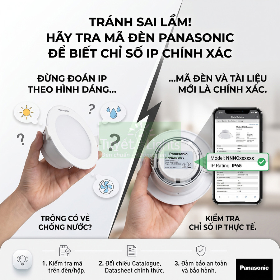 Đèn âm trần Panasonic và hướng dẫn kiểm tra mã sản phẩm để biết chính xác chỉ số chống nước IP