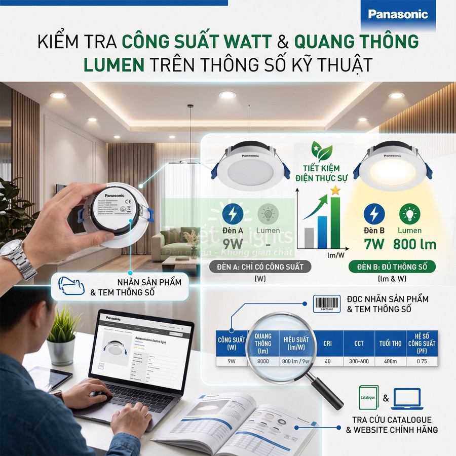 Đèn LED âm trần Panasonic kèm bảng so sánh công suất watt và quang thông lumen trên thông số kỹ thuật