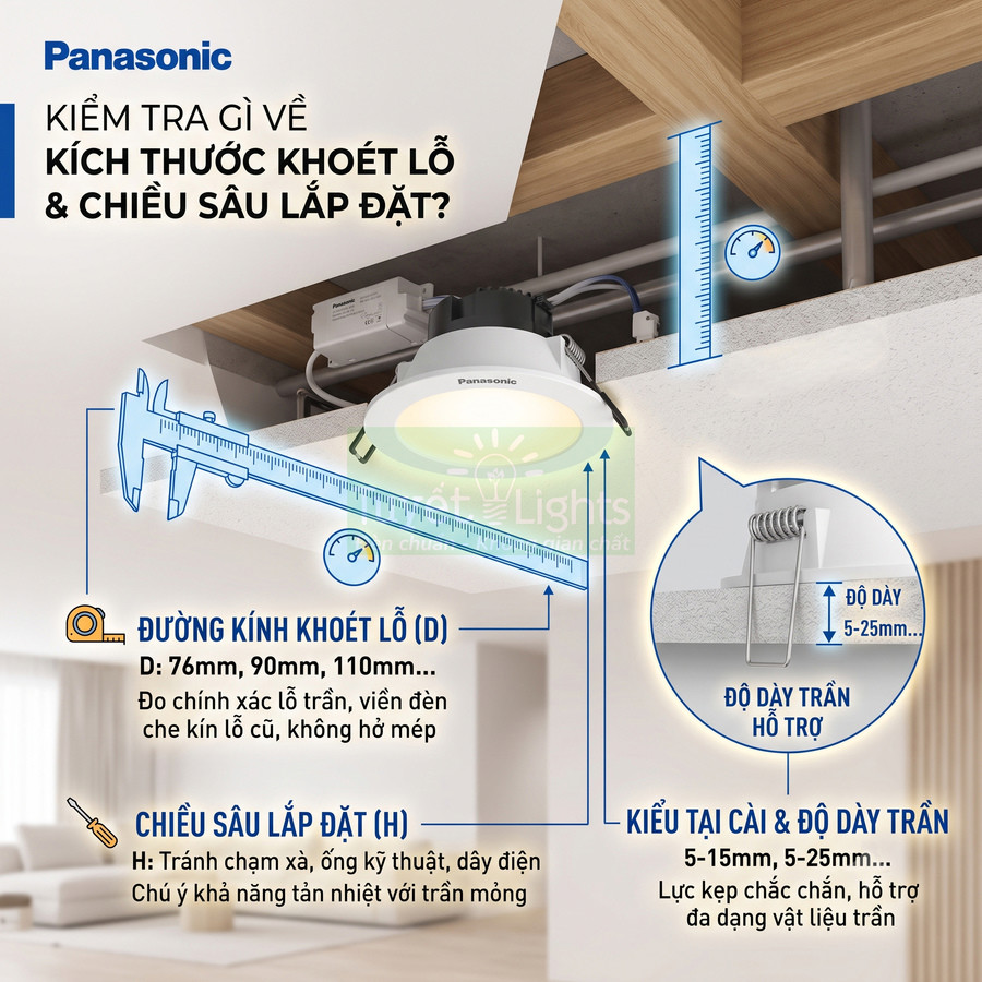 Đèn downlight âm trần Panasonic kèm hướng dẫn đo đường kính khoét lỗ và chiều sâu lắp đặt