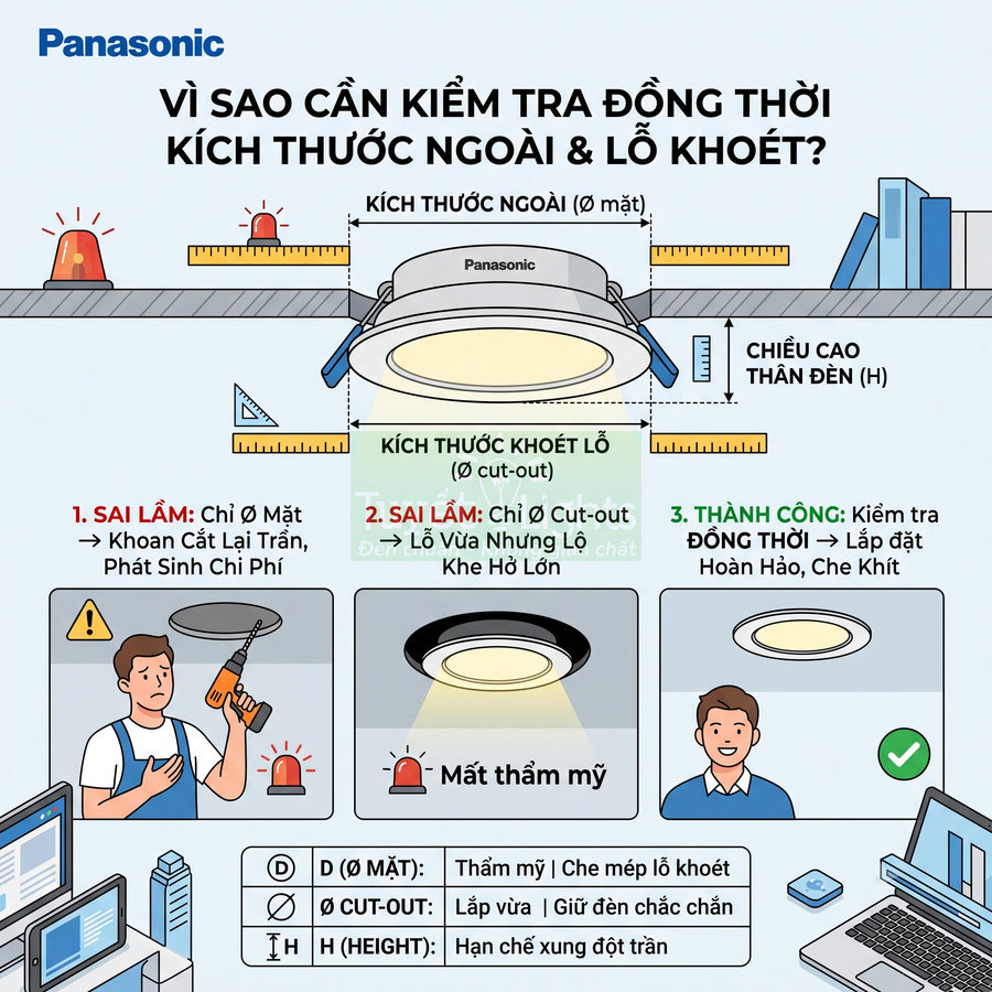 Đèn âm trần Panasonic minh họa cách đo kích thước ngoài, lỗ khoét và chiều cao thân đèn khi lắp đặt