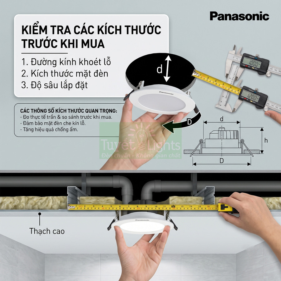 Đèn downlight âm trần Panasonic màu trắng kèm hướng dẫn đo kích thước lắp đặt trong trần thạch cao