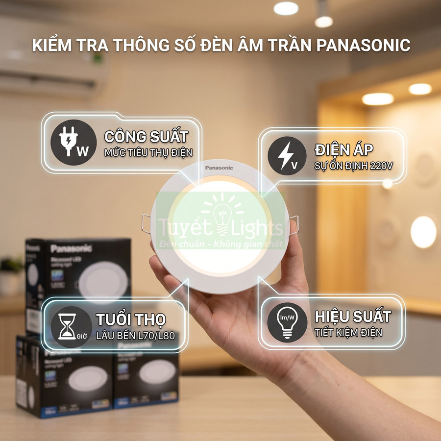 Đèn âm trần Panasonic LED cầm trên tay, làm nổi bật công suất, điện áp, tuổi thọ và hiệu suất tiết kiệm điện