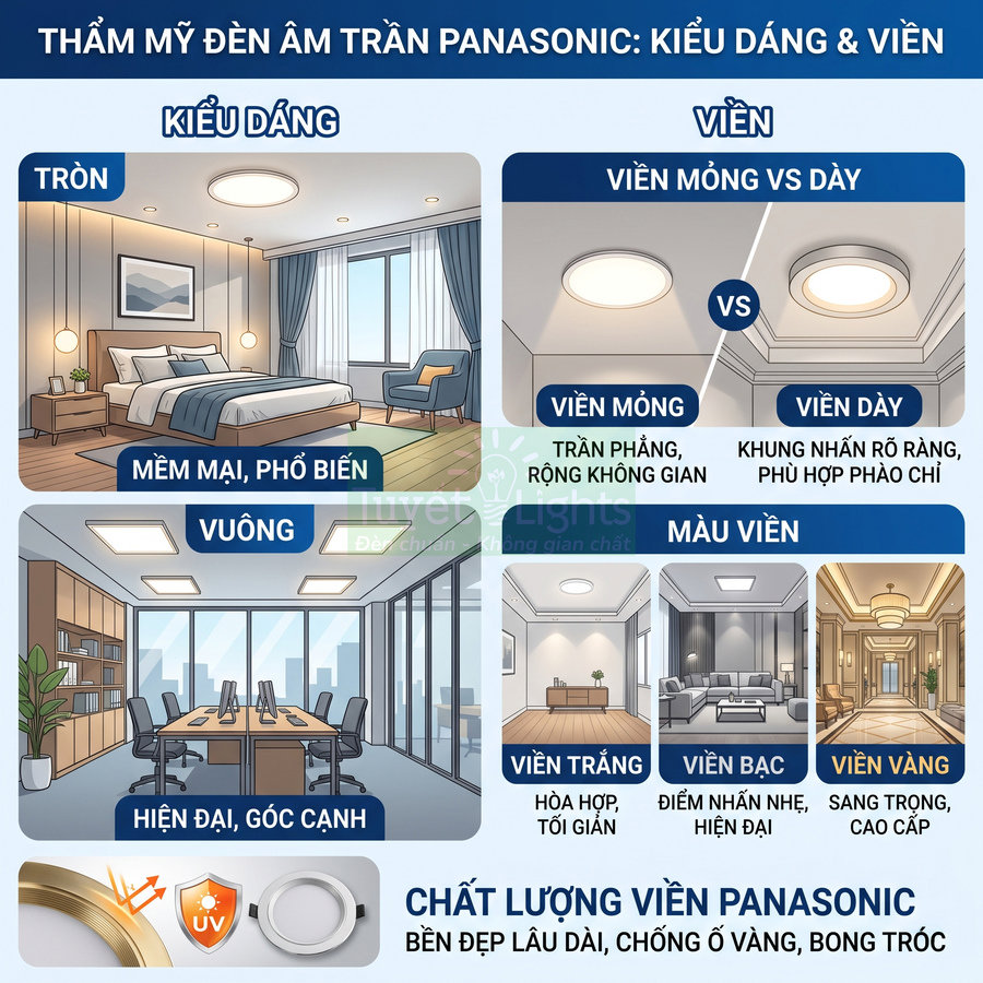 Đèn âm trần Panasonic nhiều kiểu dáng tròn vuông, viền mỏng dày và màu trắng bạc vàng cho phòng ngủ phòng khách văn phòng