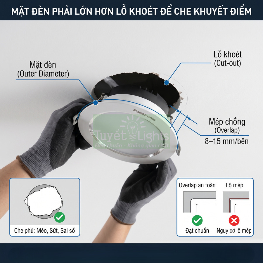 Lắp đặt đèn âm trần Panasonic che kín lỗ khoét trần thạch cao, mép đèn chồng đều quanh lỗ