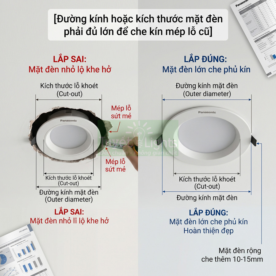 Hướng dẫn lắp đặt đèn downlight âm trần Panasonic đúng kích thước để che kín mép lỗ khoét