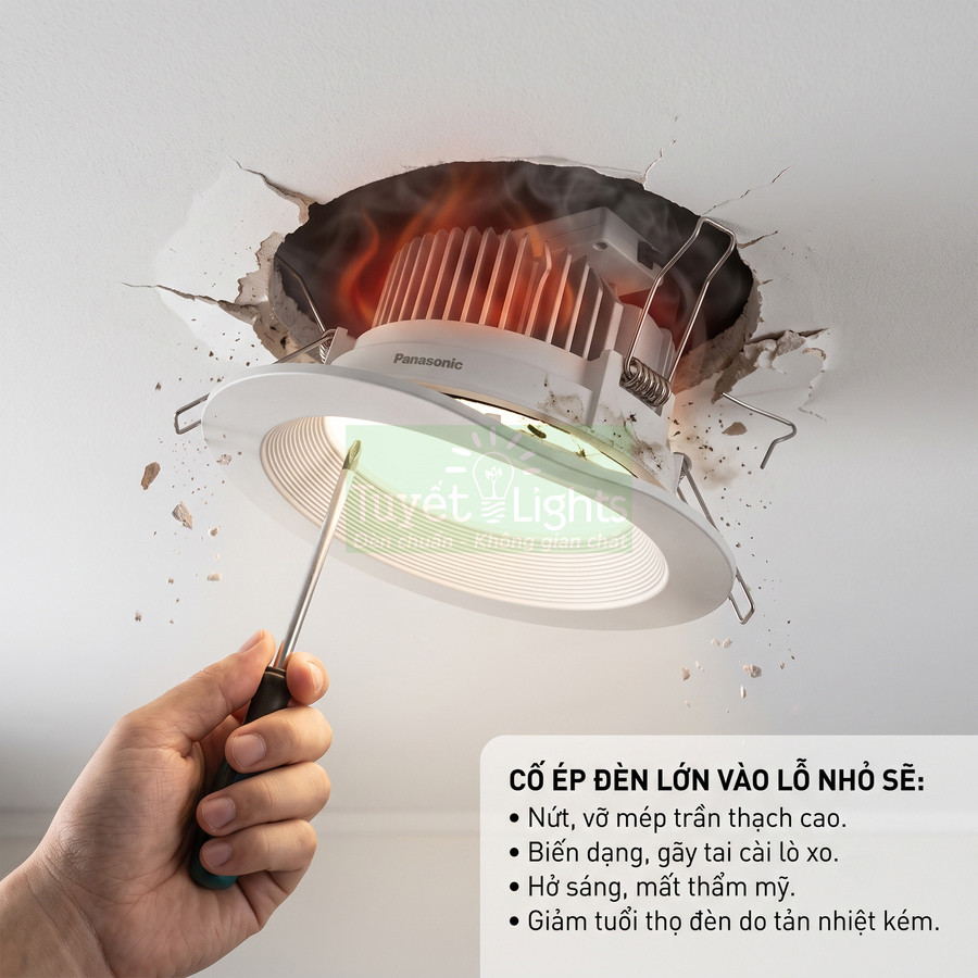 Đèn âm trần Panasonic bị ép vào lỗ trần nhỏ gây nứt vỡ trần và hư hỏng lò xo gắn đèn
