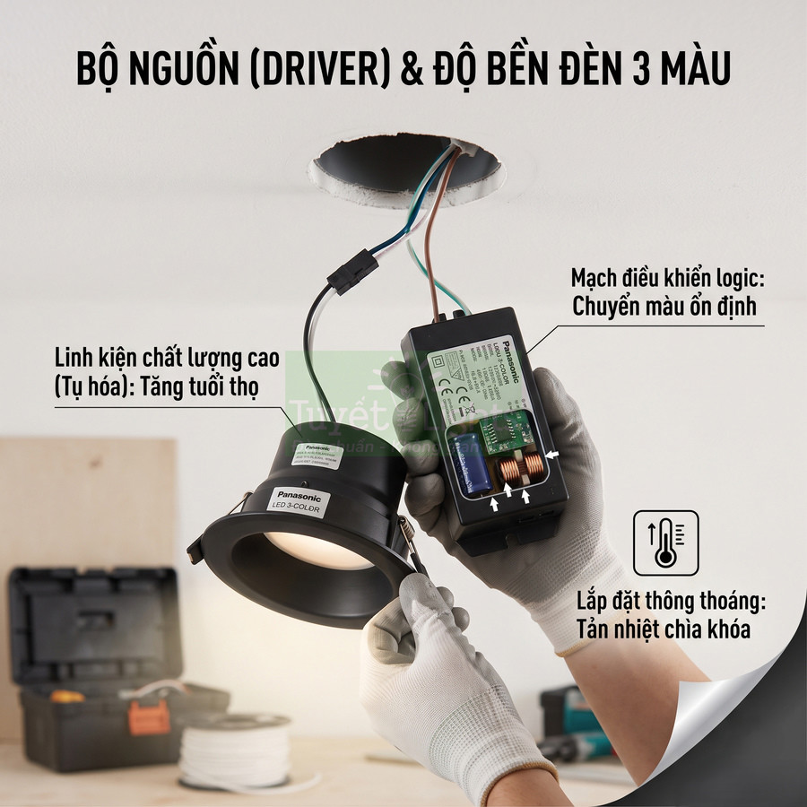 Đèn âm trần LED 3 màu Panasonic kèm bộ nguồn driver được thợ điện lắp đặt trên trần nhà