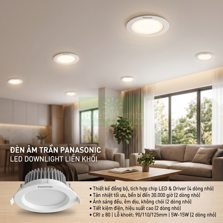 Đèn âm trần Panasonic LED downlight liền khối lắp trong phòng khách hiện đại, ánh sáng trắng dịu