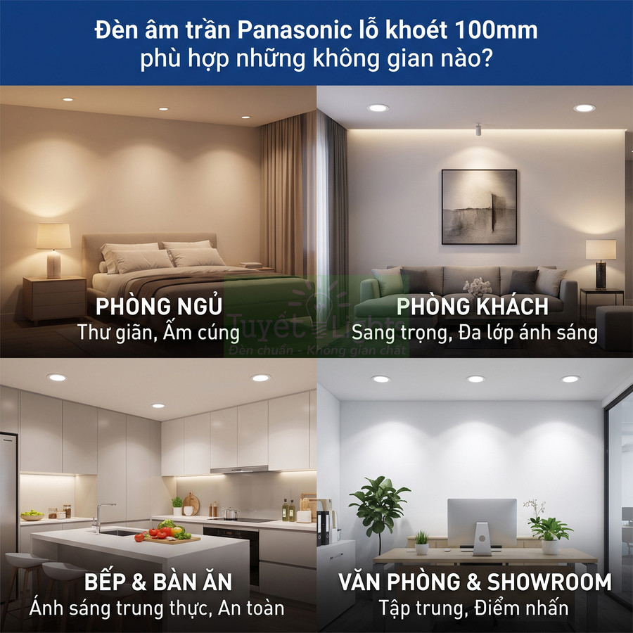 Đèn âm trần Panasonic lỗ khoét 100mm chiếu sáng phòng ngủ, phòng khách, bếp và văn phòng showroom hiện đại