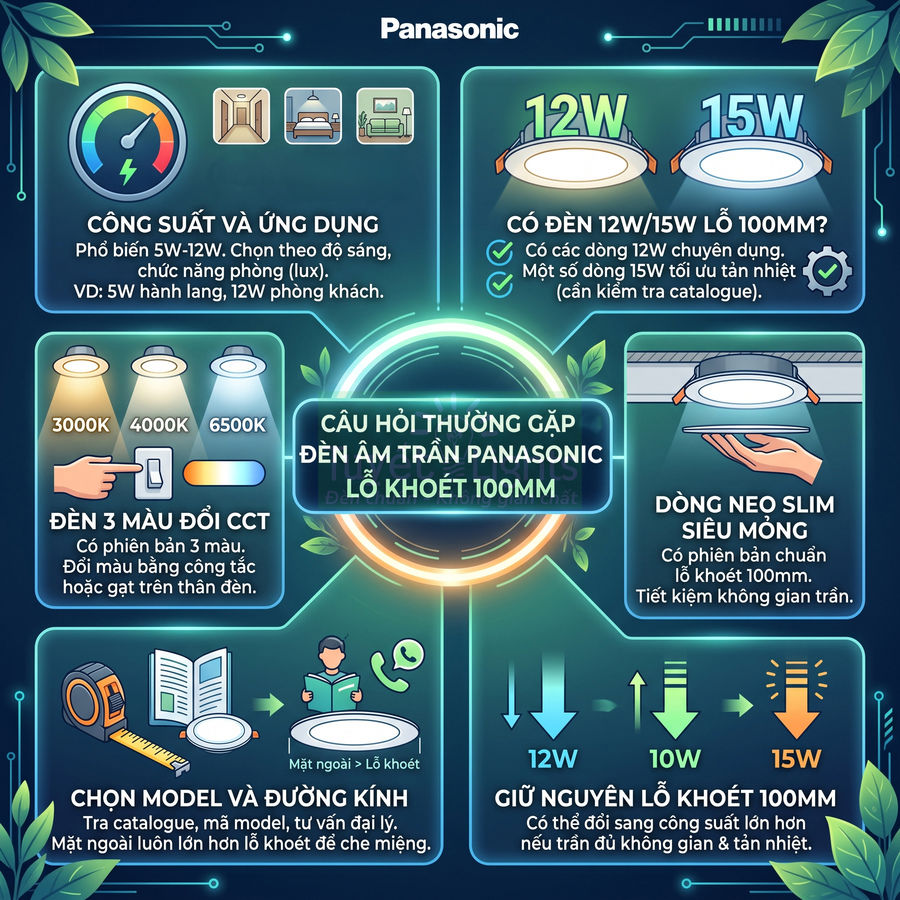 Infographic đèn âm trần Panasonic lỗ khoét 100mm, giới thiệu công suất, màu sáng và dòng Neo Slim siêu mỏng