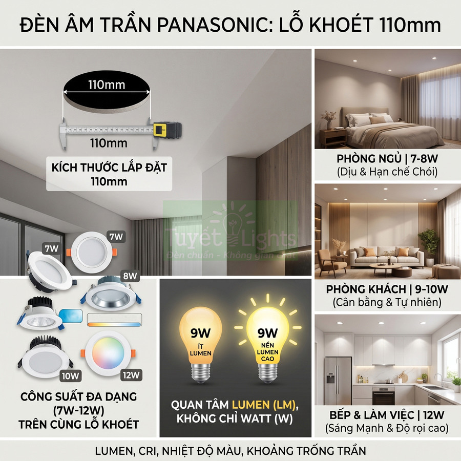 Đèn âm trần Panasonic lỗ khoét 110mm nên chọn công suất bao nhiêu?